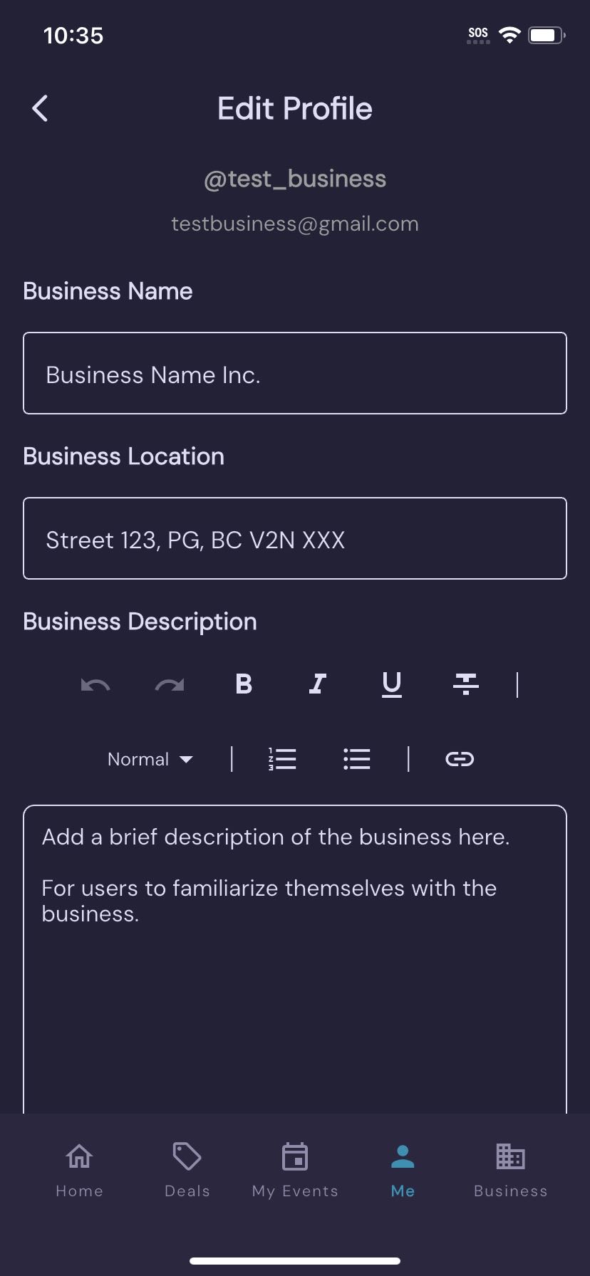 Screenshot of the Edit Profile screen