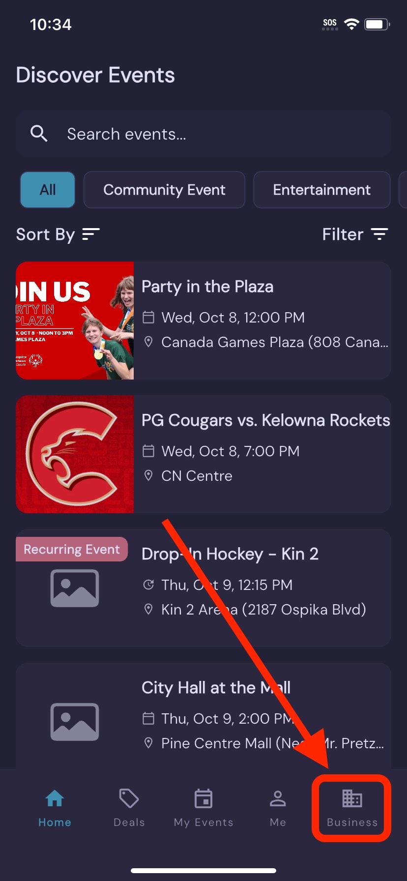 Screenshot of the app with the Business tab highlighted