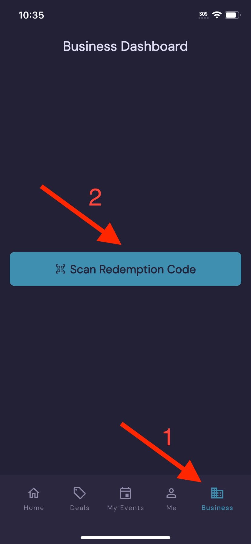 Screenshot of the Business screen with scan button