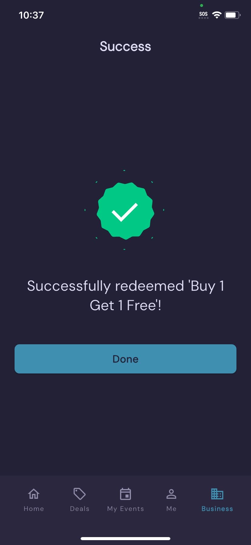 The deal redemption success screen