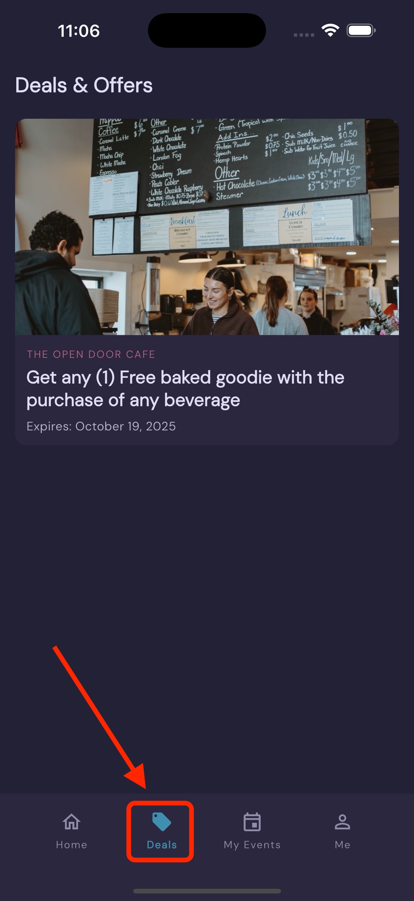 Screenshot of the app highlighting the Deals tab