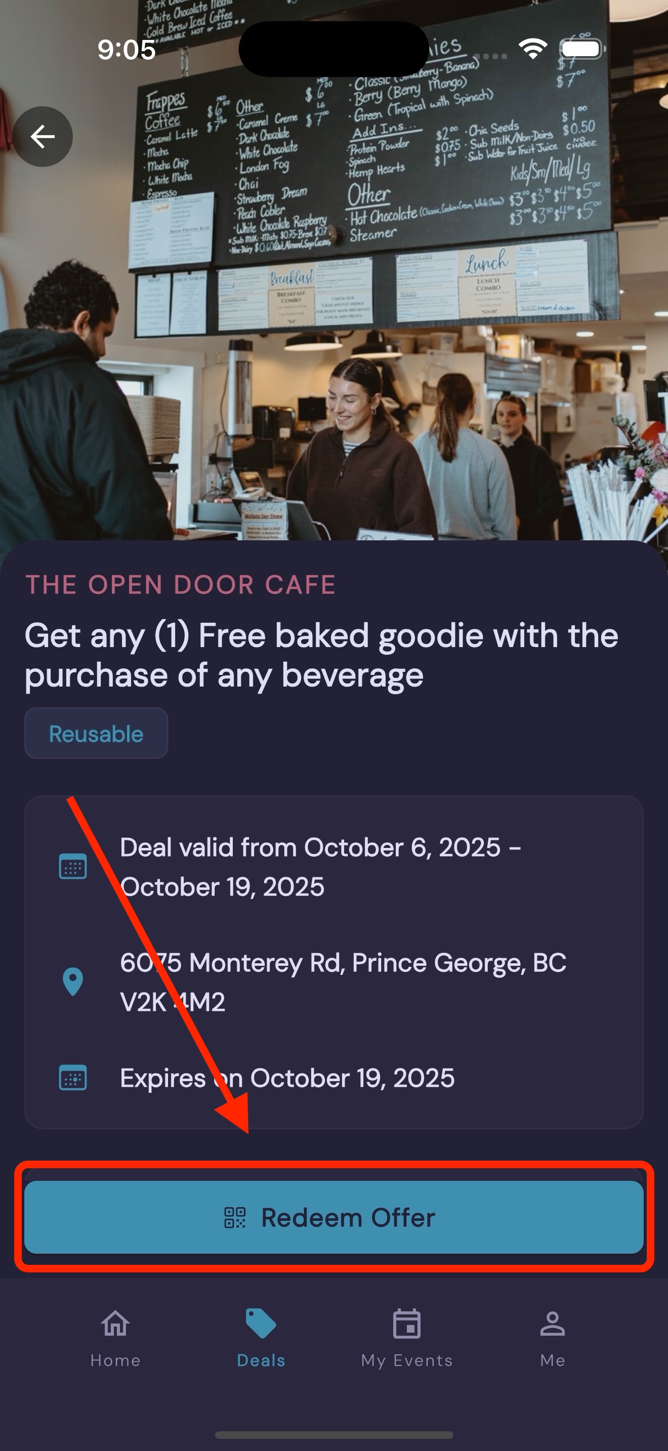 The redeem offer button on the deal details screen